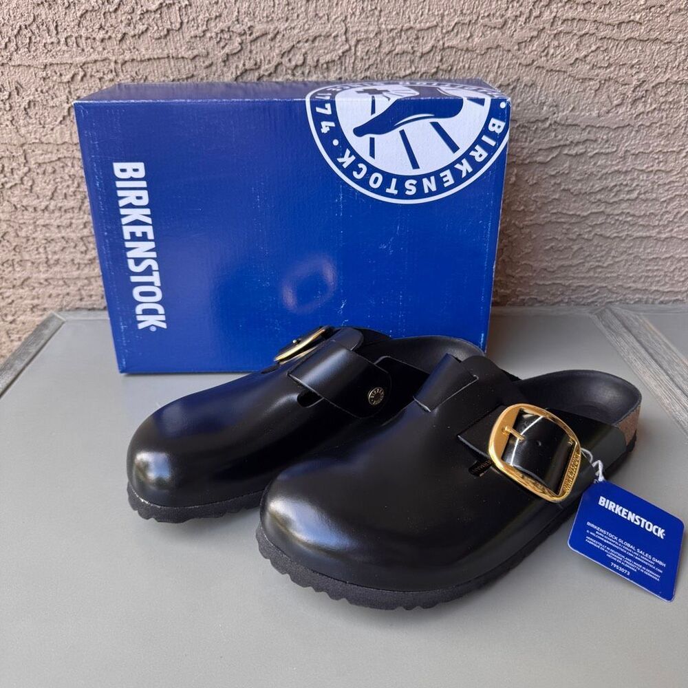 Birkenstock Boston Big Buckle Clog Womens 11US Narrow Black Smooth Leather Gold